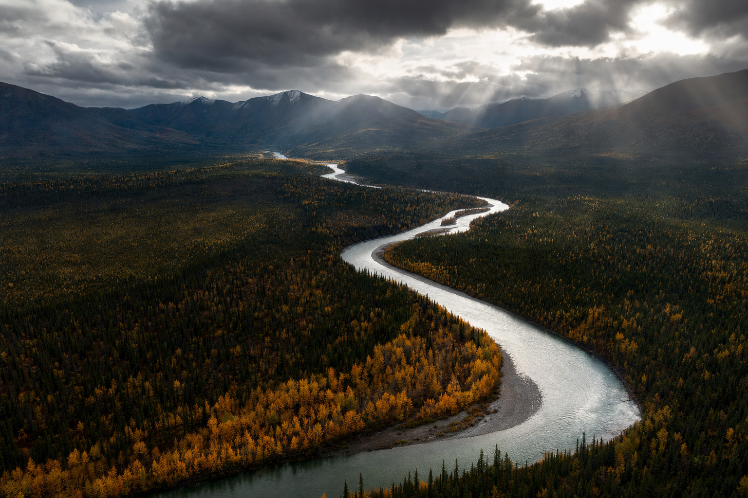 Aerial view of an unmapped river valley in the northern Canadian wilderness at autumn, Yukon Territory