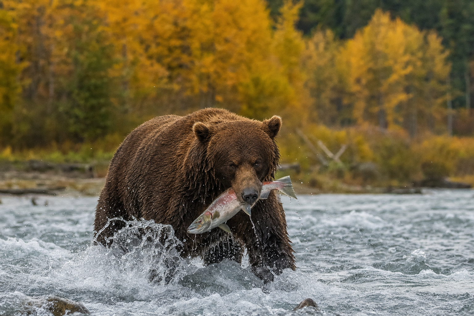 Adult grizzly bear standing in shallow river water during the salmon run, Alaska