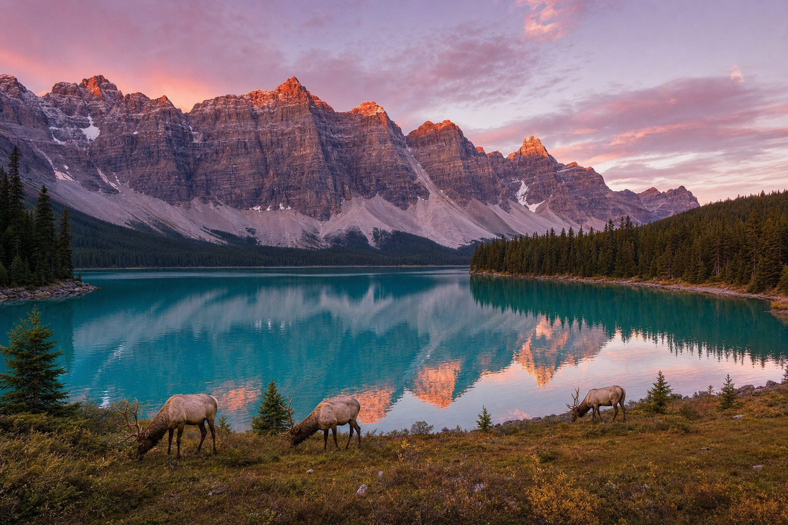 Morning light on a glacial lake surrounded by peaks in Banff National Park, Alberta