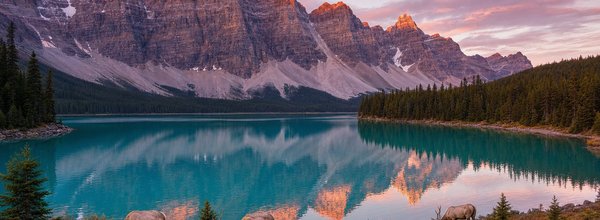 Morning mist rising over a mountain lake in Banff National Park
