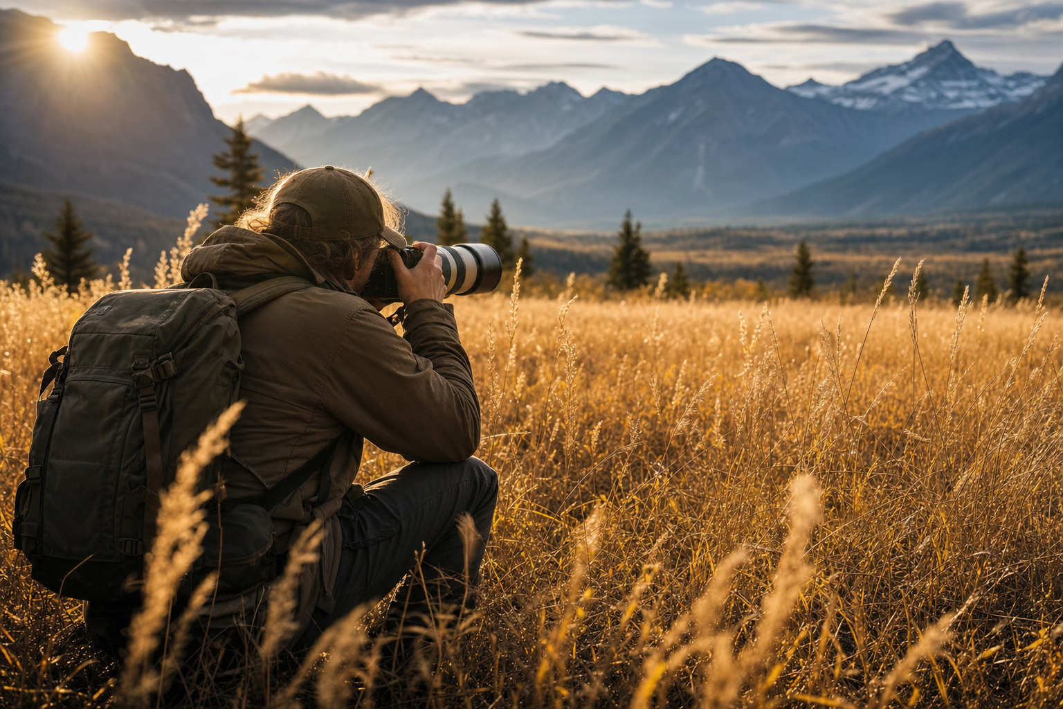 Photographer with a long telephoto lens on a tripod in a misty mountain meadow at dawn